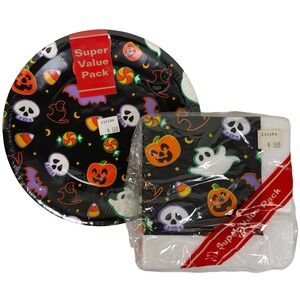 Vintage Halloween 12 Paper Plates 30 Beverage Napkins‎ Party 90s Ghost Pumpkin